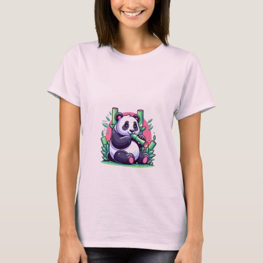 Schattigee Cartoon Panda Eten Bamboe T-shirt (Voorkant)
