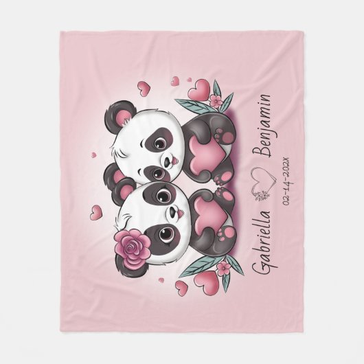 Schattigee Cartoon Panda Lovers Hart Valentijn's D Fleece Deken (Voorkant)