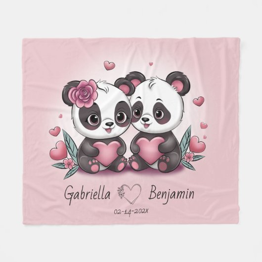 Schattigee Cartoon Panda Lovers Hart Valentijn's D Fleece Deken (Voorkant (Horizontaal))