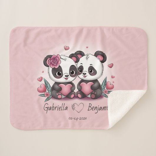 Schattigee Cartoon Panda Lovers Hart Valentijn's D Sherpa Deken (Voorkant (horizontaal))