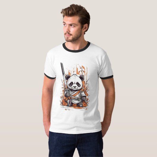 Schattigee Cartoon Panda Samurai | Uniek grafisch  T-shirt (Voorkant volledig)