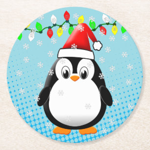 Schattigee Cartoon Penguin Santa Hat Kerstverlicht Ronde Kartonnen Onderzetter