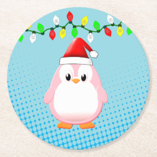 Schattigee Cartoon Penguin Santa Hat Kerstverlicht Ronde Kartonnen Onderzetter