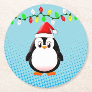 Schattigee Cartoon Penguin Santa Hat Kerstverlicht Ronde Kartonnen Onderzetter