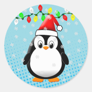 Schattigee Cartoon Penguin Santa Hat Kerstverlicht Ronde Sticker