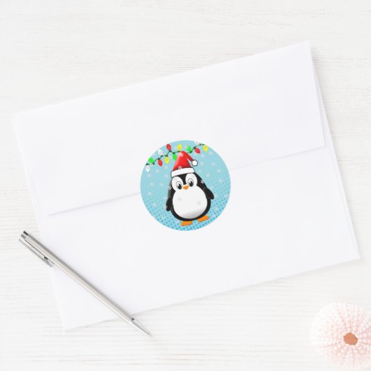 Schattigee Cartoon Penguin Santa Hat Kerstverlicht Ronde Sticker (Envelop)