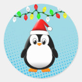 Schattigee Cartoon Penguin Santa Hat Kerstverlicht Ronde Sticker (Voorkant)