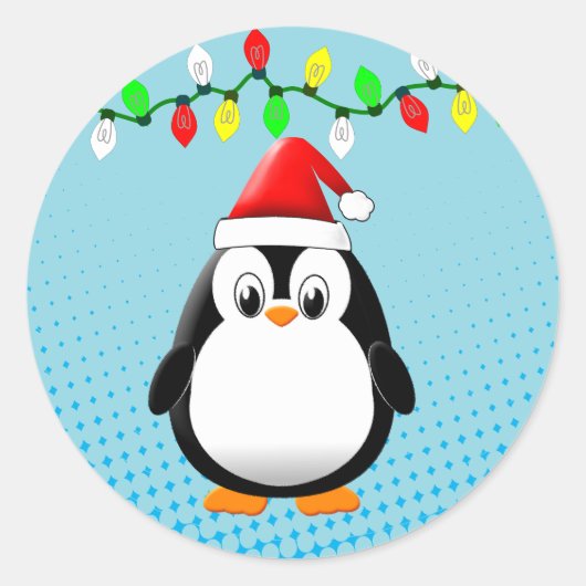 Schattigee Cartoon Penguin Santa Hat Kerstverlicht Ronde Sticker (Voorkant)
