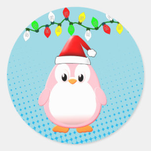 Schattigee Cartoon Penguin Santa Hat Kerstverlicht Ronde Sticker