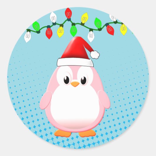 Schattigee Cartoon Penguin Santa Hat Kerstverlicht Ronde Sticker (Voorkant)