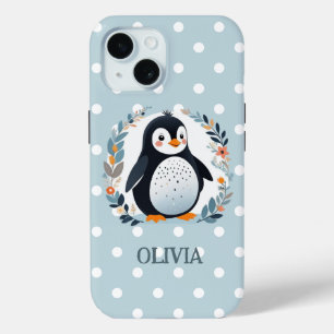 Schattigee Cartoon Pinguïn en Bloemen iPhone 15 Case