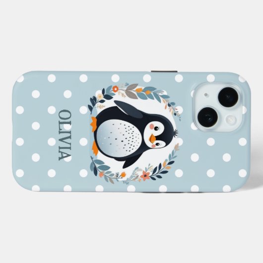 Schattigee Cartoon Pinguïn en Bloemen Case-Mate iPhone Case (Achterkant (horizontaal))