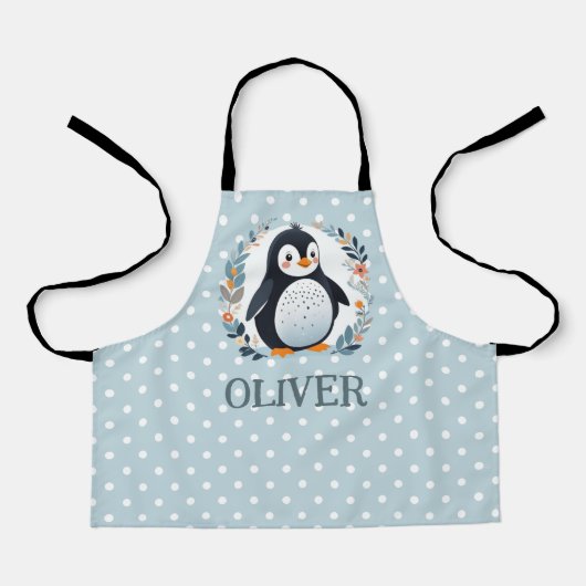 Schattigee Cartoon Pinguïn en Bloemen Schort (Voorkant)