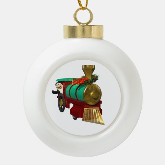 Schattigee Cartoon pinguïn en kersttrein Keramische Bal Ornament (Voorkant)