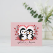 Schattigee Cartoon Pinguïn Liefhebbers Hart Valent Briefkaart (Staand voorkant)