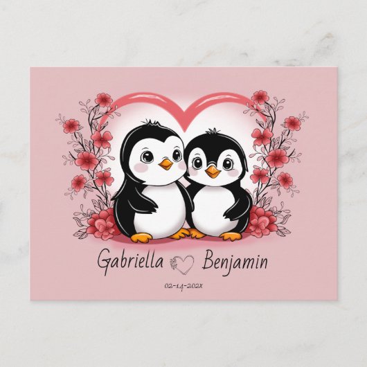 Schattigee Cartoon Pinguïn Liefhebbers Hart Valent Briefkaart (Voorkant)