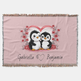 Schattigee Cartoon Pinguïn Liefhebbers Hart Valent Deken