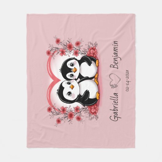 Schattigee Cartoon Pinguïn Liefhebbers Hart Valent Fleece Deken (Voorkant)