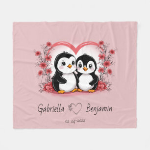 Schattigee Cartoon Pinguïn Liefhebbers Hart Valent Fleece Deken