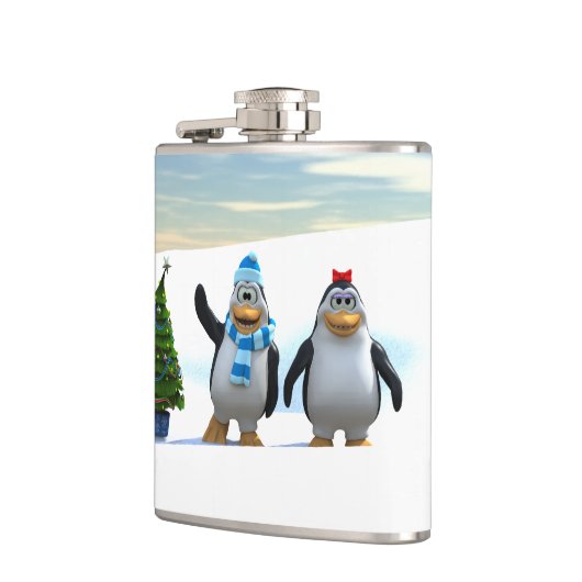 Schattigee Cartoon pinguïn paar met boom Heupfles (Links)