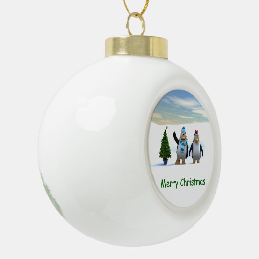 Schattigee Cartoon pinguïn paar met boom Keramische Bal Ornament (Links)