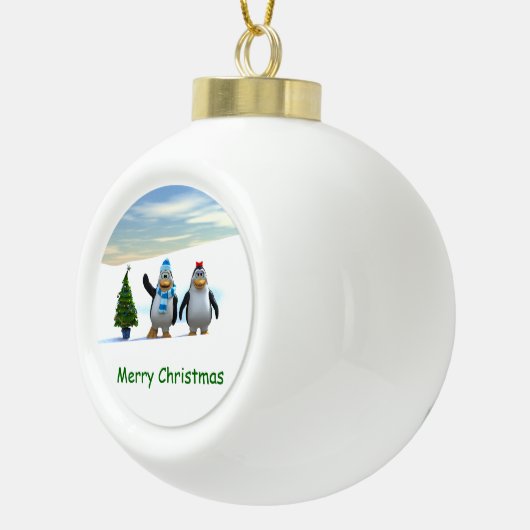 Schattigee Cartoon pinguïn paar met boom Keramische Bal Ornament (Rechts)