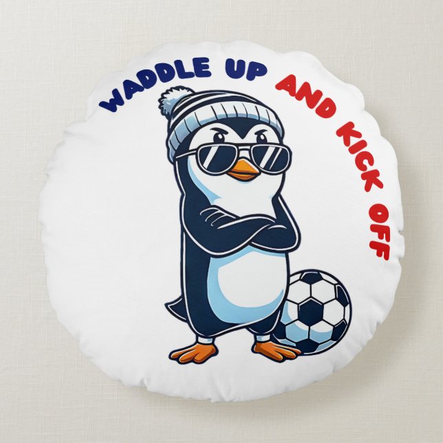 Schattigee cartoon pinguïn voetballer cool rond kussen (Voorkant)