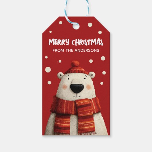 Schattigee Cartoon Polar Beer Red Merry Christmas  Cadeaulabel (Voorkant)