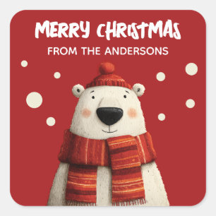 Schattigee Cartoon Polar Beer Red Merry Christmas Vierkante Sticker