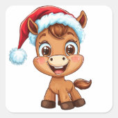 Schattigee Cartoon Pony in Kerst Pet en Sjaal Vierkante Sticker (Voorkant)