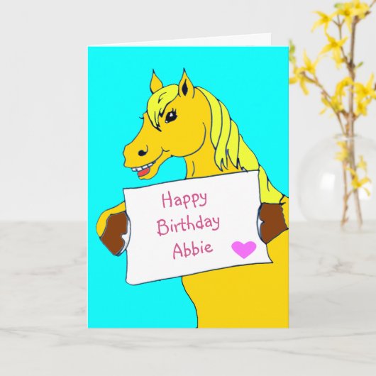 Schattigee Cartoon Pony met Bericht Verjaardag Kaart (Gele Bloem)