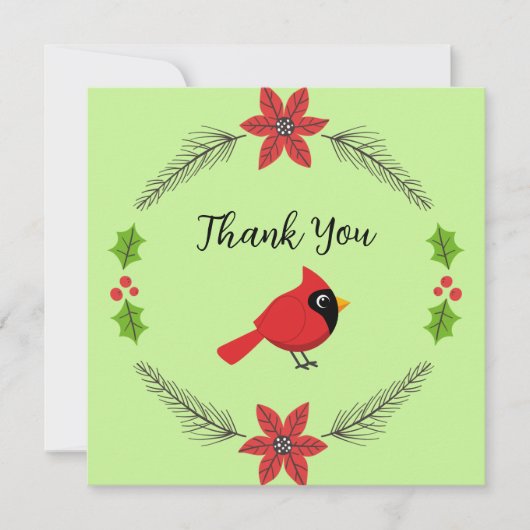 Schattigee Cartoon Rode Kardinaal met Bloemen Bedankkaart (Voorkant)