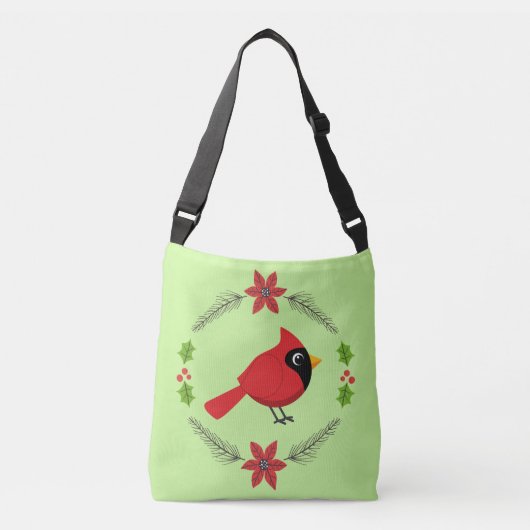 Schattigee Cartoon Rode Kardinaal met Bloemen Crossbody Tas (Voorkant)