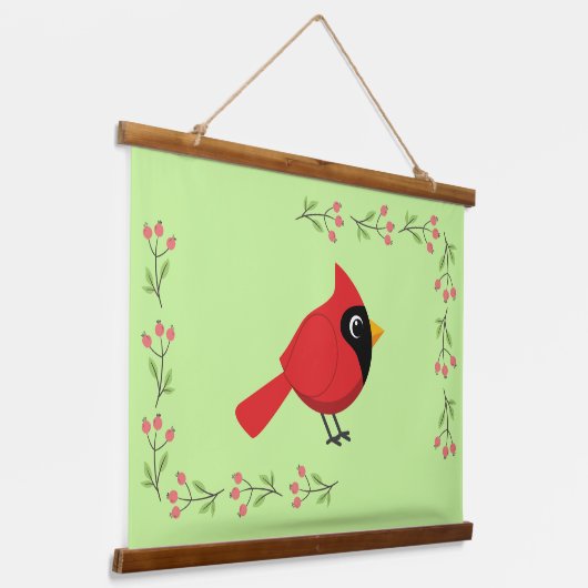 Schattigee Cartoon Rode Kardinaal met Bloemen Hangend Wandkleed (Gebogen)
