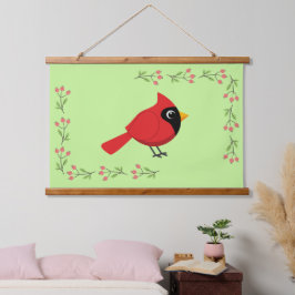 Schattigee Cartoon Rode Kardinaal met Bloemen Hangend Wandkleed