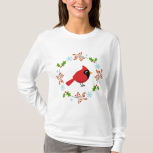 Schattigee Cartoon Rode Kardinaal met Bloemen T-shirt