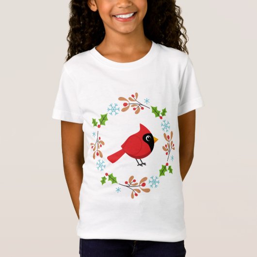 Schattigee Cartoon Rode Kardinaal met Bloemen T-shirt (Voorkant)