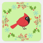 Schattigee Cartoon Rode Kardinaal met Bloemen Vierkante Sticker (Voorkant)