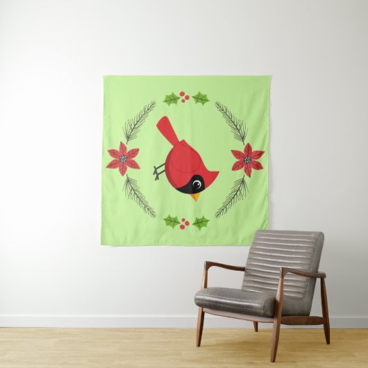 Schattigee Cartoon Rode Kardinaal met Bloemen Wandkleed (In Situ (horizontaal))