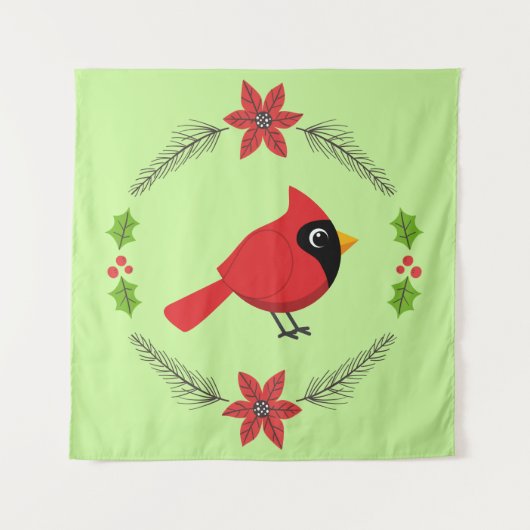 Schattigee Cartoon Rode Kardinaal met Bloemen Wandkleed (Voorkant)