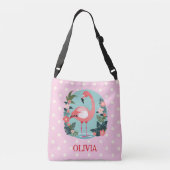 Schattigee Cartoon Roze Bloemen Flamingo met Polka Crossbody Tas (Achterkant)