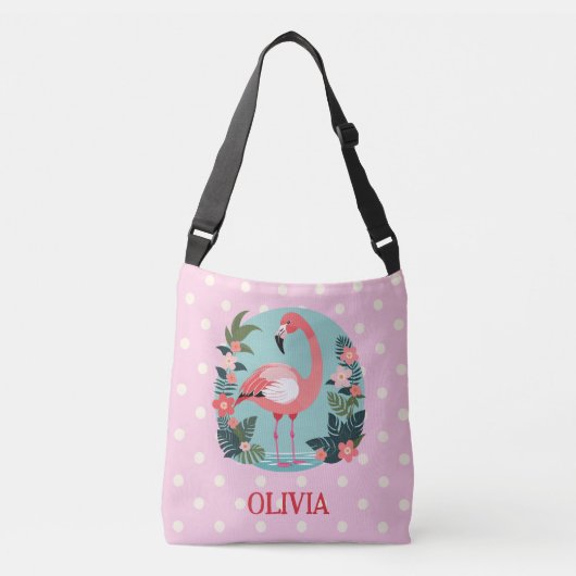 Schattigee Cartoon Roze Bloemen Flamingo met Polka Crossbody Tas (Voorkant)