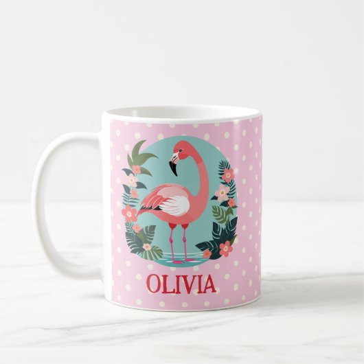 Schattigee Cartoon Roze Flamingo en Polka Dots Koffiemok (Links)