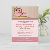 Schattigee Cartoon Roze Uil Baby Sprinkle Uitnodig Kaart (Staand voorkant)
