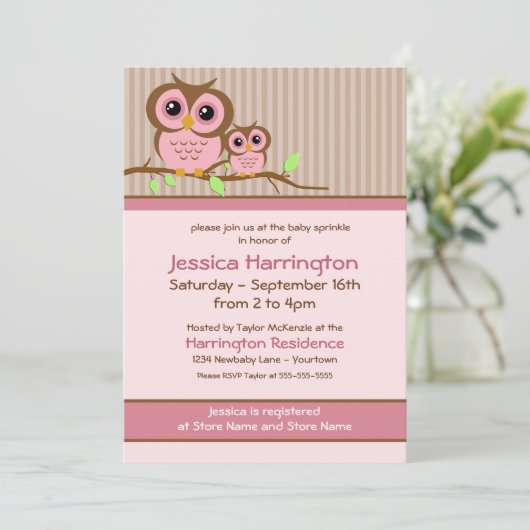 Schattigee Cartoon Roze Uil Baby Sprinkle Uitnodig Kaart (Staand voorkant)