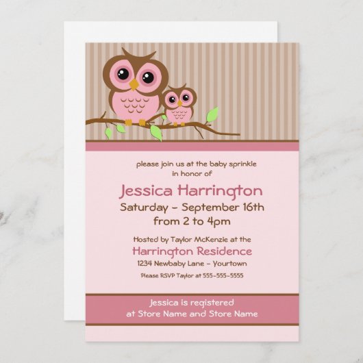 Schattigee Cartoon Roze Uil Baby Sprinkle Uitnodig Kaart (Voorkant / Achterkant)