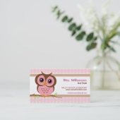Schattigee Cartoon Roze Uil Leraar Contact Visitekaartje (Staand voorkant)