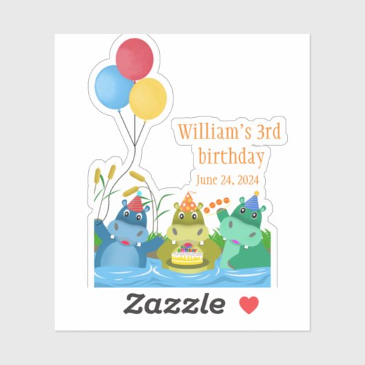 Schattigee Cartoon Safari Hippo Verjaardag Sticker (Vel)