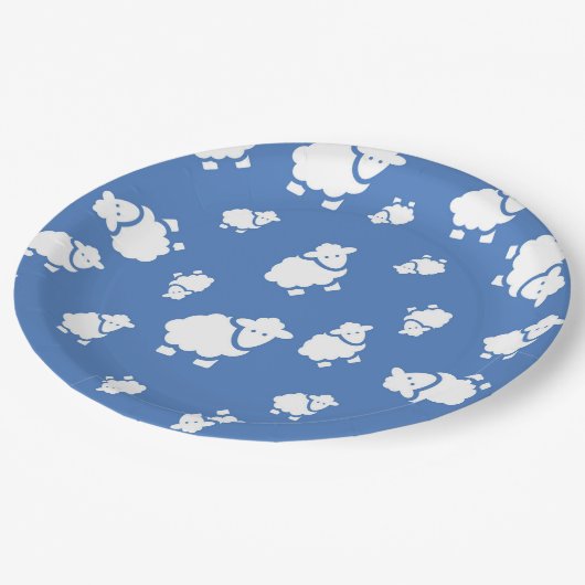 Schattigee cartoon Schaap op blauwe achtergrond Papieren Bordje (Gekanteld)
