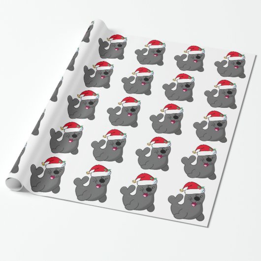 Schattigee Cartoon Seal Dragen Santa Hat Cadeaupapier (Uitgerold)